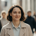 Smiling woman with short curly hair wearing a beige coat walking on a city street with blurred pedestrians behind her.