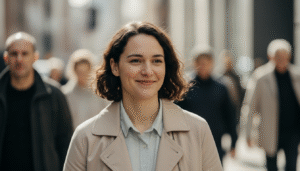 Smiling woman with short curly hair wearing a beige coat walking on a city street with blurred pedestrians behind her.