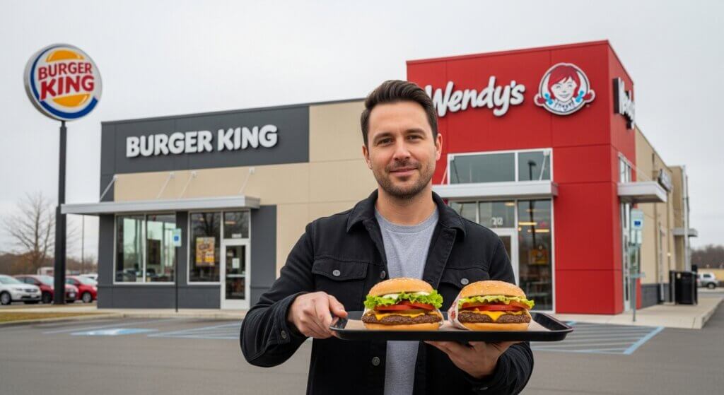 Man holding tray with two burgers in front of combined Burger King and Wendy's restaurant buildings