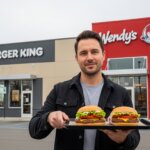 Man holding tray with two burgers in front of combined Burger King and Wendy's restaurant buildings