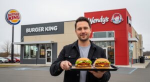 Man holding tray with two burgers in front of combined Burger King and Wendy's restaurant buildings