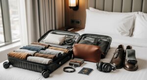 Open black suitcase with neatly rolled clothes, brown leather pouch, passport, headphones, and brown dress shoes on a hotel bed.