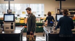 Man with reusable bag using self-checkout kiosk in grocery store produce section