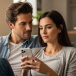 Couple sitting on a couch looking at a smartphone together in a cozy living room.