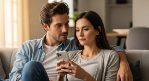 Couple sitting on a couch looking at a smartphone together in a cozy living room.