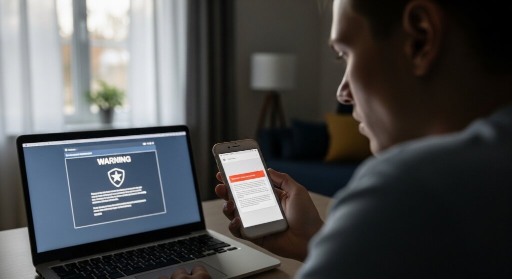 Person holding smartphone with security alert while laptop displays a warning message on screen in a dim room.