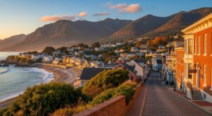 Coastal town with white houses along a beach and mountains in the background at sunset.
