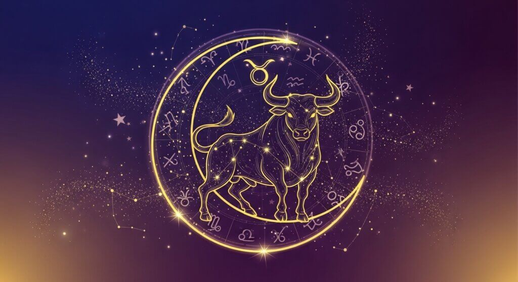 Golden Taurus zodiac sign with constellation and astrological symbols on a purple starry background