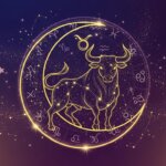 Golden Taurus zodiac sign with constellation and astrological symbols on a purple starry background