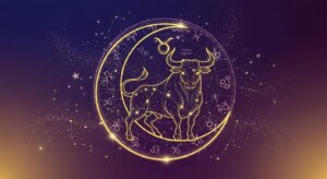 Golden Taurus zodiac sign with constellation and astrological symbols on a purple starry background