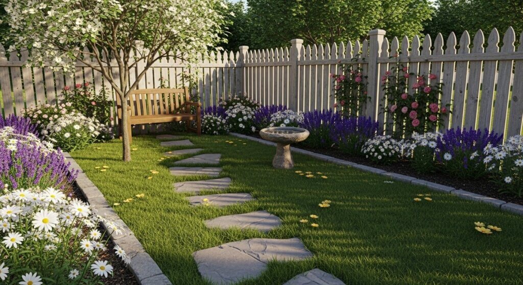 Backyard garden with stone path, wooden bench under a tree, birdbath, and flower beds along a white picket fence.