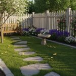 Backyard garden with stone path, wooden bench under a tree, birdbath, and flower beds along a white picket fence.