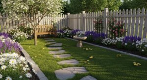 Backyard garden with stone path, wooden bench under a tree, birdbath, and flower beds along a white picket fence.