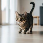 Tabby cat walking on a light wooden floor in a modern living room with a gray sofa in the background.