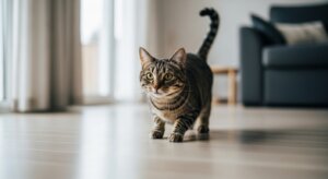 Tabby cat walking on a light wooden floor in a modern living room with a gray sofa in the background.