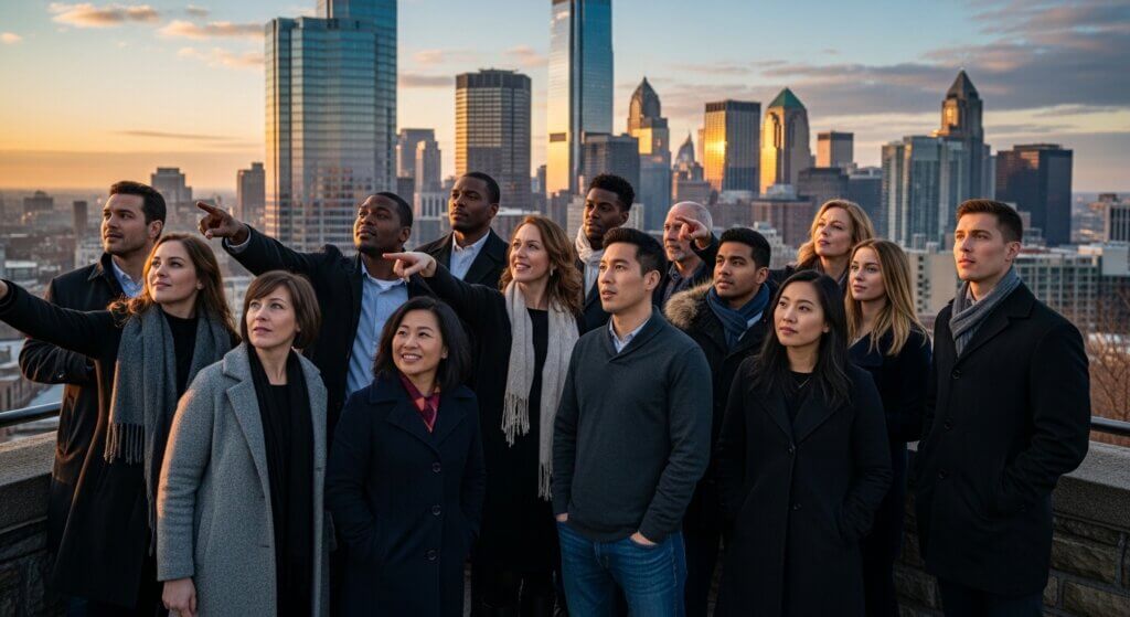Diverse group of people in winter coats pointing and looking at the Philadelphia skyline during sunset.