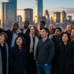 Diverse group of people in winter coats pointing and looking at the Philadelphia skyline during sunset.