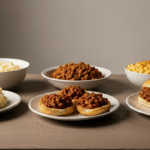 Bowls of mashed potatoes, chili, and macaroni and cheese with chili-topped bread and a chili sandwich on a wooden table.