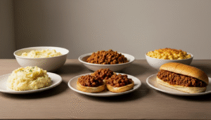 Bowls of mashed potatoes, chili, and macaroni and cheese with chili-topped bread and a chili sandwich on a wooden table.
