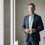 Middle-aged man in a navy suit adjusting his jacket in a modern office with abstract art on the wall.