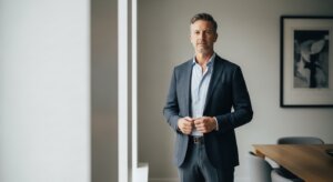 Middle-aged man in a navy suit adjusting his jacket in a modern office with abstract art on the wall.