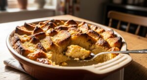 Spoon scooping a portion of golden brown baked bread pudding in a ceramic dish on a wooden table.