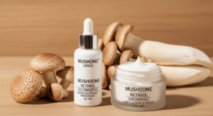 MUSHOME skincare products with mushrooms, including a dropper bottle and a cream jar on a wooden surface.