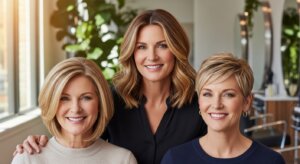 Three smiling women with styled blonde hair posing in a bright salon setting
