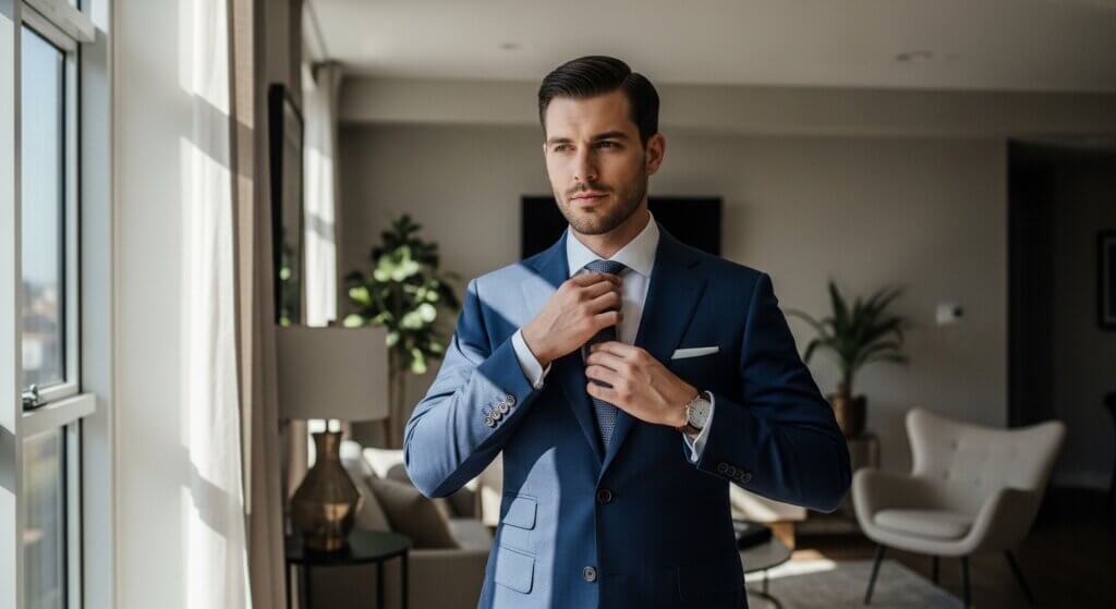 Man adjusting tie wearing a blue suit and watch in a modern living room with natural light
