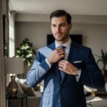 Man adjusting tie wearing a blue suit and watch in a modern living room with natural light