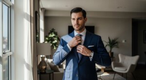 Man adjusting tie wearing a blue suit and watch in a modern living room with natural light