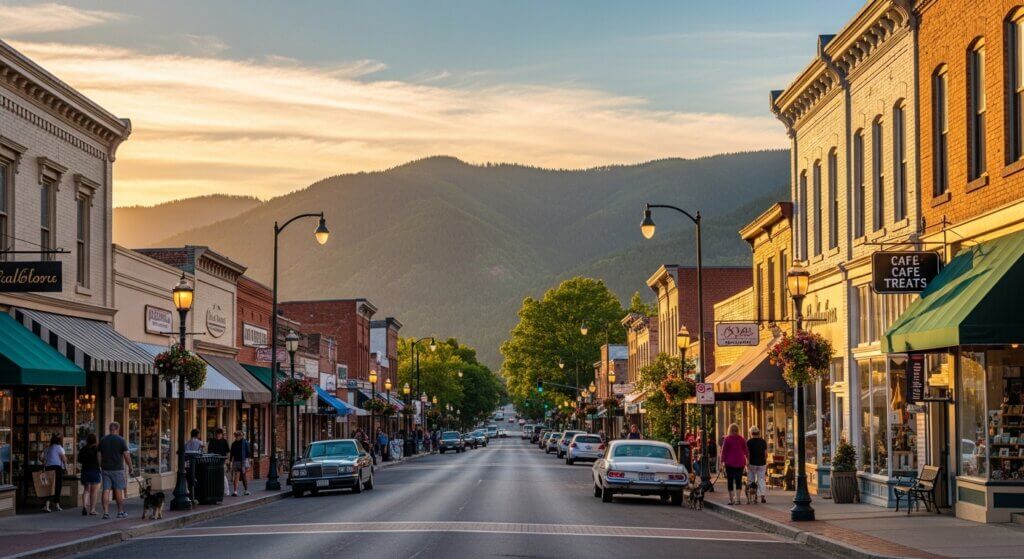 Small town main street at sunset with people walking dogs, parked cars, and mountain backdrop.