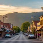 Small town main street at sunset with people walking dogs, parked cars, and mountain backdrop.