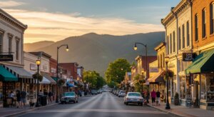 Small town main street at sunset with people walking dogs, parked cars, and mountain backdrop.