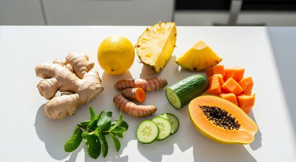 Ginger, lemon, turmeric, pineapple, cucumber, papaya, mint, and cubed papaya on a white surface.