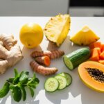 Ginger, lemon, turmeric, pineapple, cucumber, papaya, mint, and cubed papaya on a white surface.