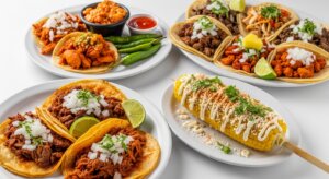 Plates of assorted Mexican tacos with lime wedges, green chilies, sauces, and Mexican street corn with mayo and cheese.