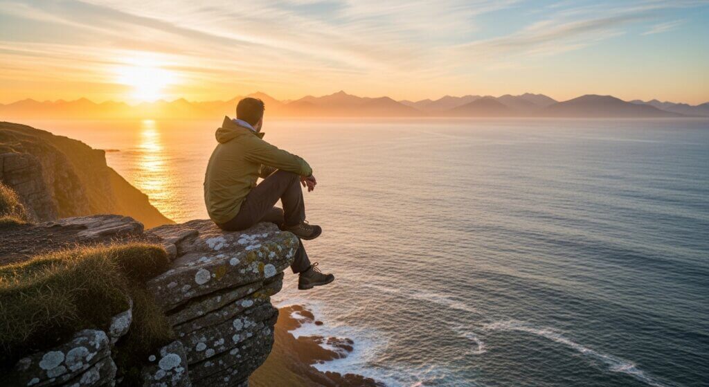 Man in green jacket sitting on cliff edge overlooking ocean at sunset with mountains in the distance