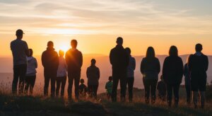 Group of people standing on a hill watching the sunset with a clear sky and distant mountains.