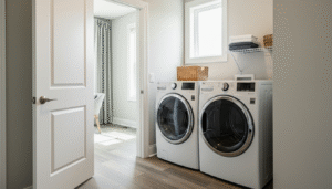 Front-loading LG washer and dryer set in a bright laundry room with folded towels on a wire shelf above