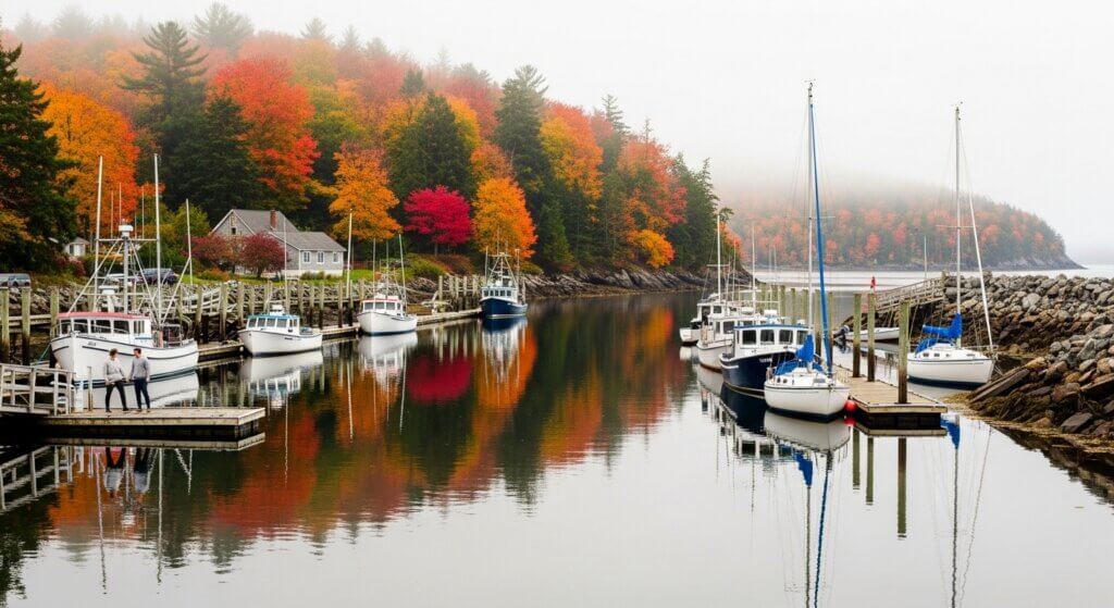 Boats docked in a calm harbor with autumn trees reflecting on the water and two people standing on a pier.