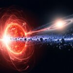 Red star emitting energy and debris toward a bright star with rings and an asteroid belt in space.