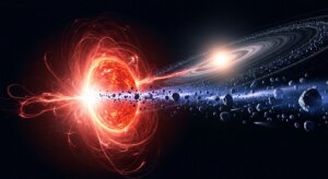 Red star emitting energy and debris toward a bright star with rings and an asteroid belt in space.