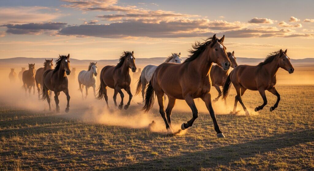 Herd of brown and white horses running across a dusty plain at sunset under a partly cloudy sky.
