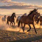 Herd of brown and white horses running across a dusty plain at sunset under a partly cloudy sky.