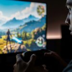 Person playing a fantasy video game with a controller, showing a character in a mountainous landscape on screen.