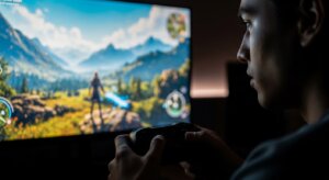 Person playing a fantasy video game with a controller, showing a character in a mountainous landscape on screen.