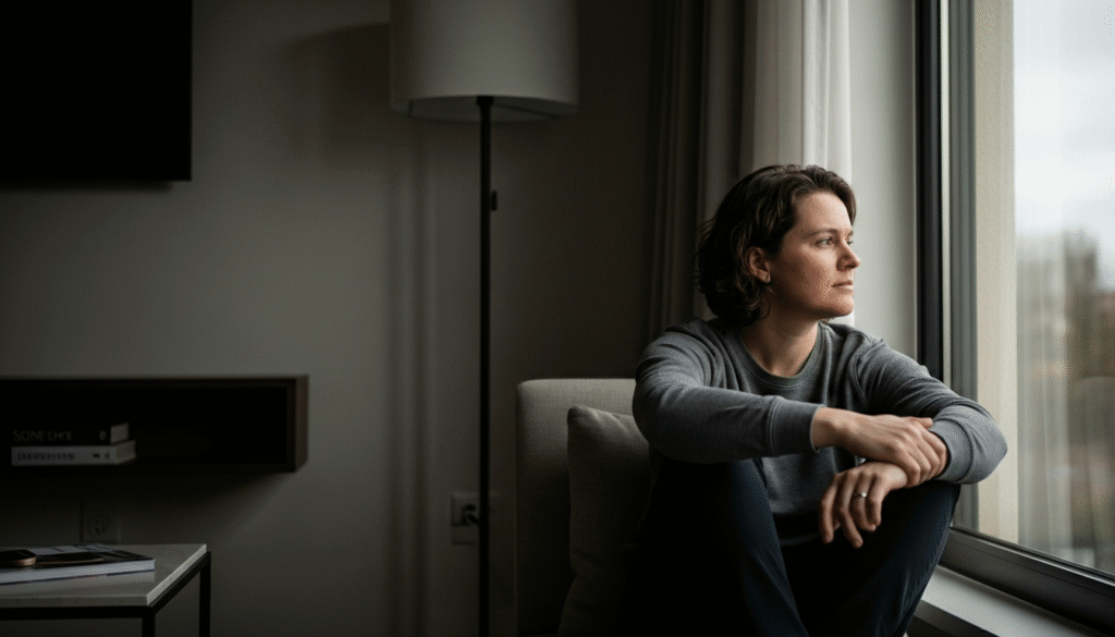 Person in a gray sweatshirt sitting on a chair, looking thoughtfully out a window in a dimly lit room.