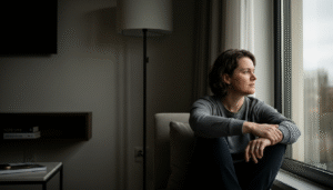 Person in a gray sweatshirt sitting on a chair, looking thoughtfully out a window in a dimly lit room.