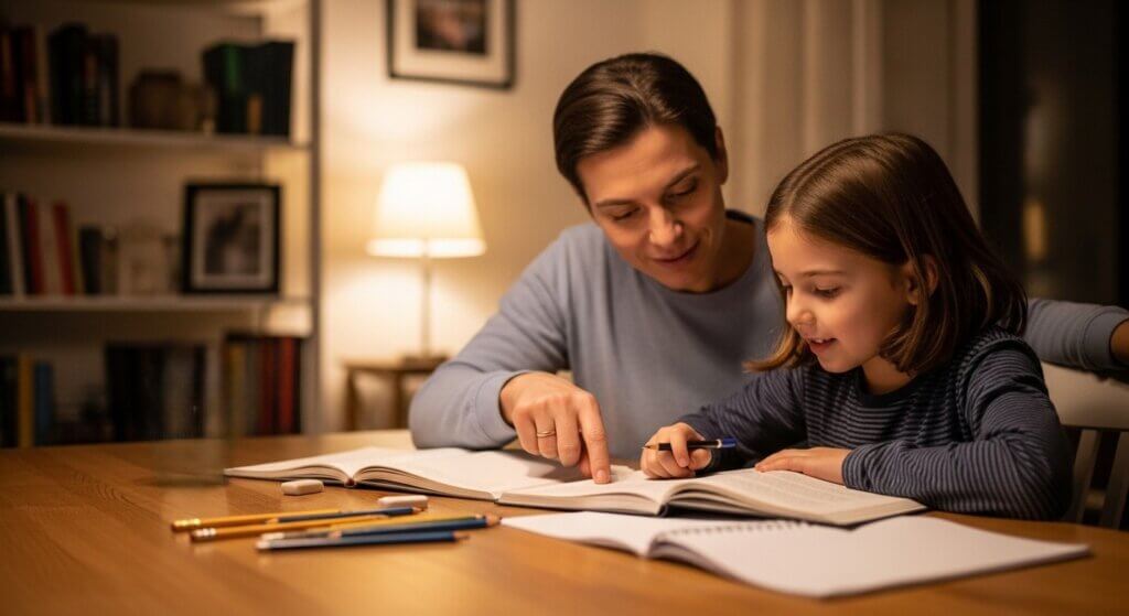 Adult helping a young girl with homework at a wooden table in a warmly lit room